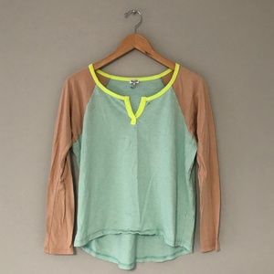 Splendid XS Long Sleeve T-Shirt Tan Teal and Neon